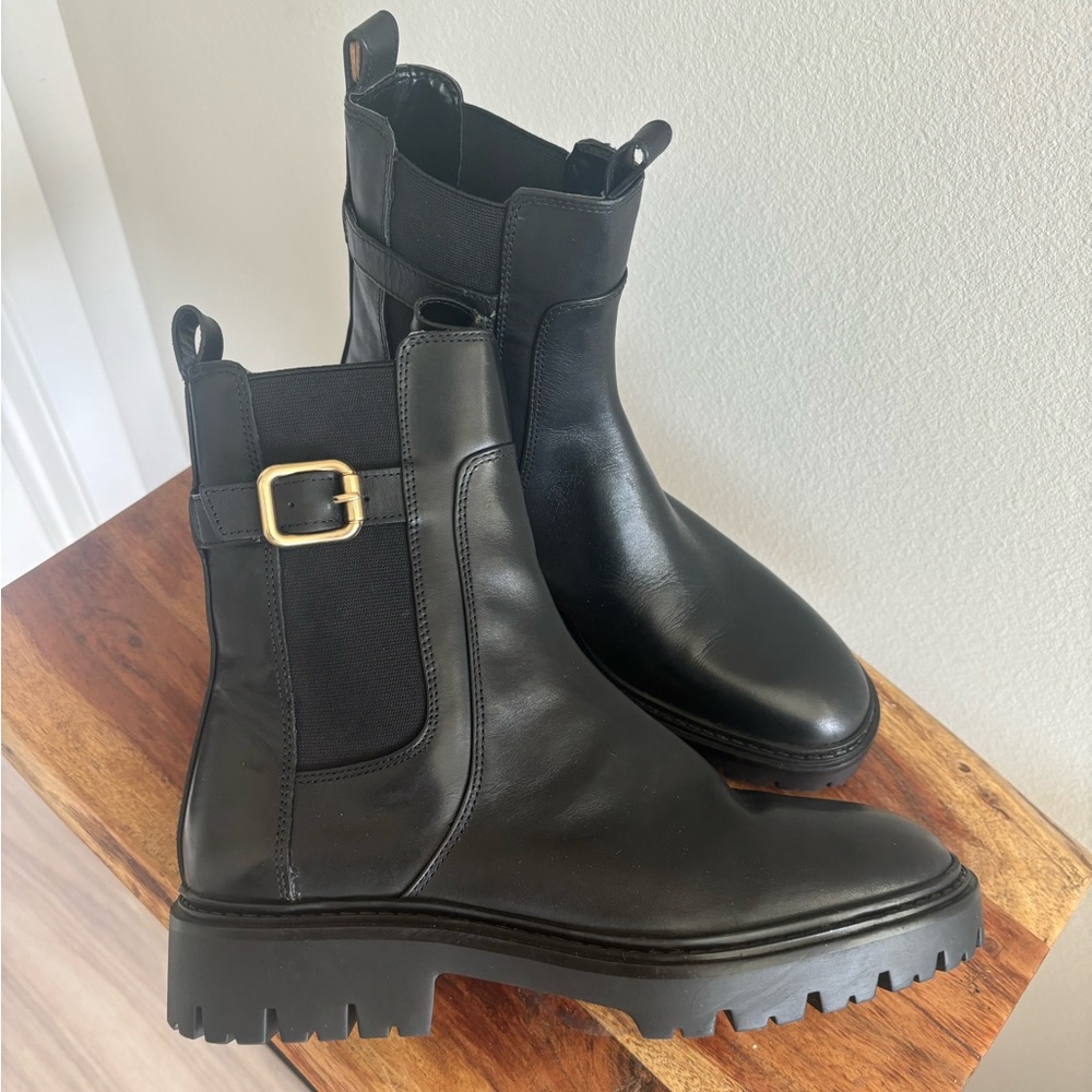 Zara Black Faux Leather Ankle Boots with Gold Hardware